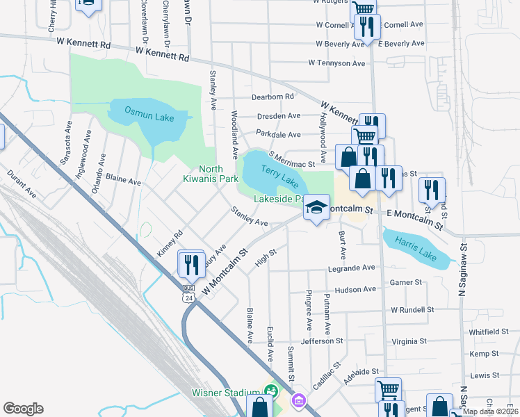 map of restaurants, bars, coffee shops, grocery stores, and more near 690 Stanley Avenue in Pontiac