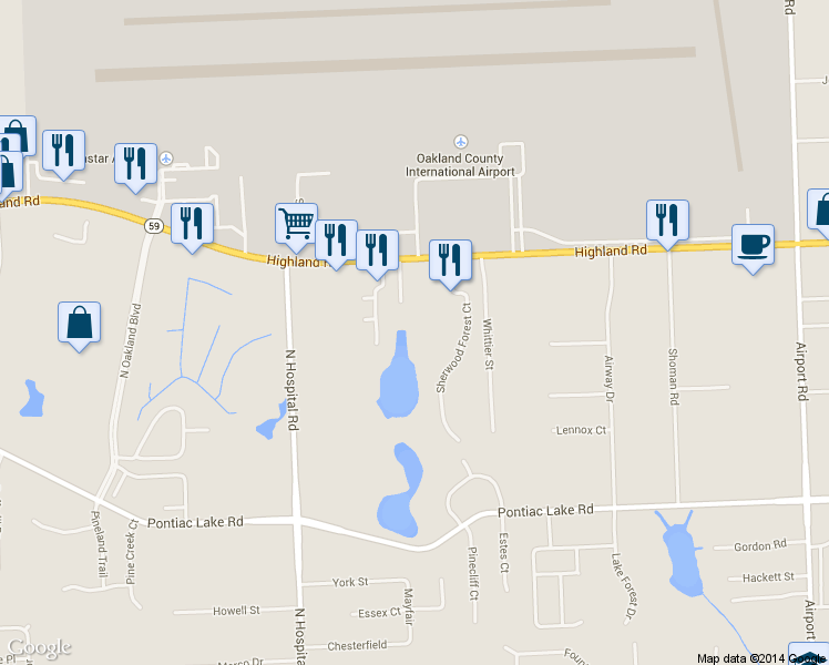 map of restaurants, bars, coffee shops, grocery stores, and more near 6741 Highland Road in Waterford Township