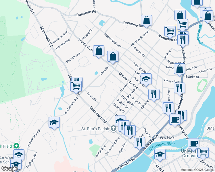 map of restaurants, bars, coffee shops, grocery stores, and more near 61 East Meadow Lane in Lowell