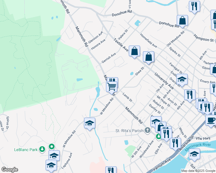 map of restaurants, bars, coffee shops, grocery stores, and more near 390 Mammoth Road in Lowell