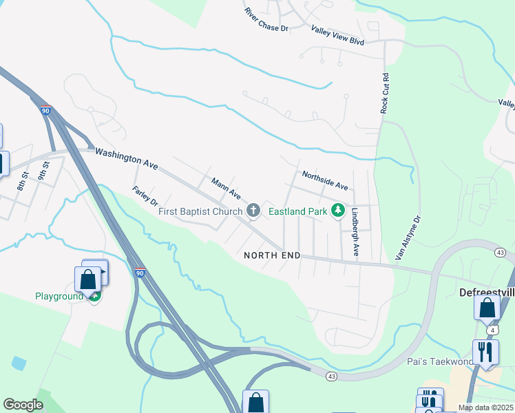 map of restaurants, bars, coffee shops, grocery stores, and more near 1103 Mann Avenue in Rensselaer