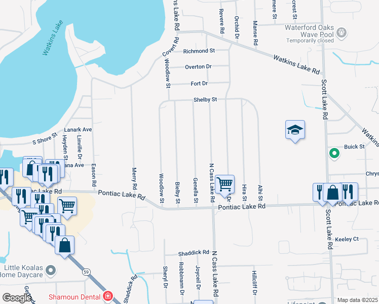 map of restaurants, bars, coffee shops, grocery stores, and more near 1207 Genella Street in Waterford Township