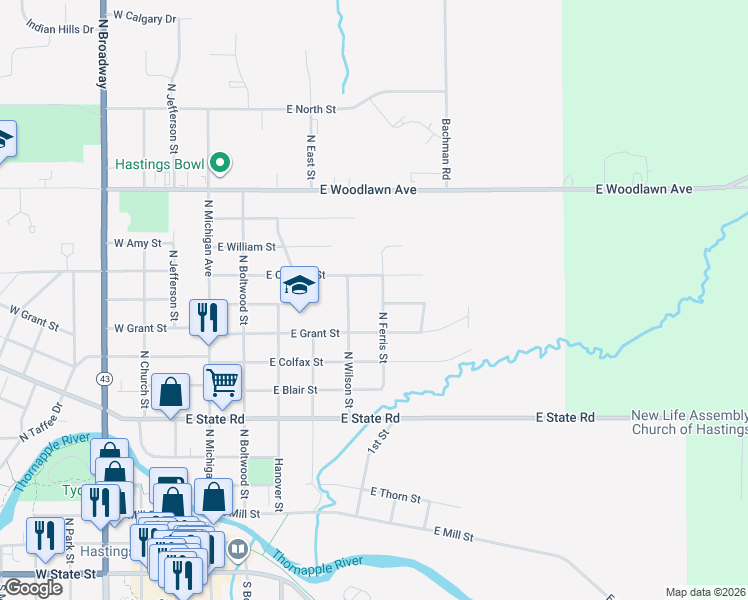 map of restaurants, bars, coffee shops, grocery stores, and more near 925 North Wilson Street in Hastings