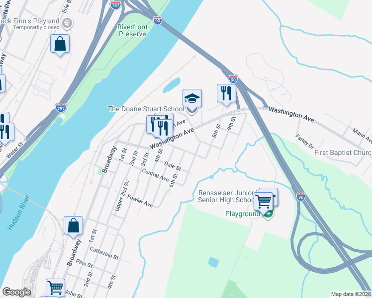 map of restaurants, bars, coffee shops, grocery stores, and more near 1735 6th Street in Rensselaer