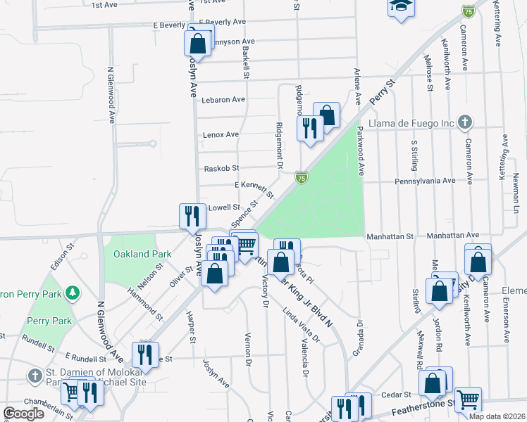 map of restaurants, bars, coffee shops, grocery stores, and more near 917 Perry Street in Pontiac