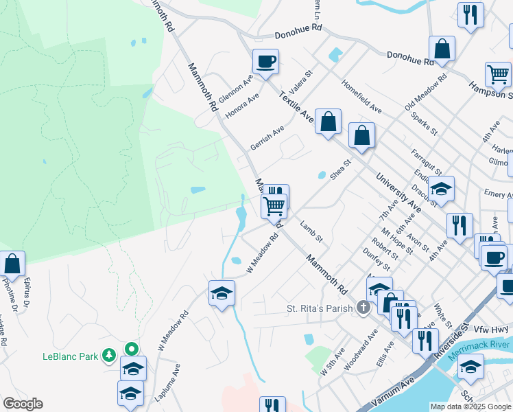 map of restaurants, bars, coffee shops, grocery stores, and more near 2500 Skyline Drive in Lowell