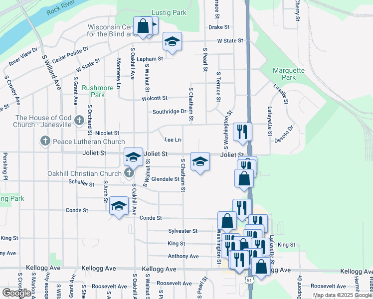 map of restaurants, bars, coffee shops, grocery stores, and more near 1604 South Chatham Street in Janesville