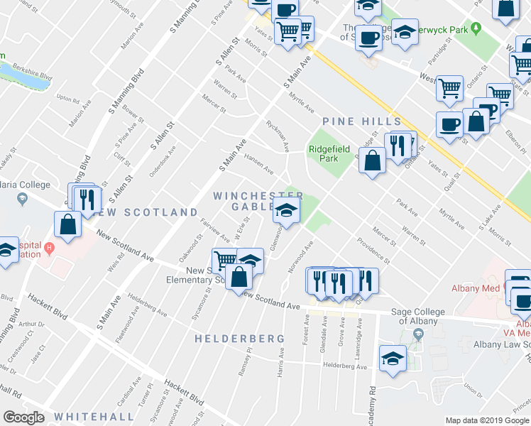 map of restaurants, bars, coffee shops, grocery stores, and more near 3 Edison Avenue in Albany