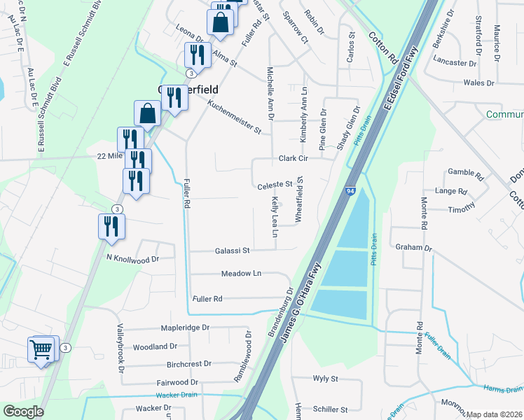 map of restaurants, bars, coffee shops, grocery stores, and more near 48569 Kelly Lea Lane in New Baltimore