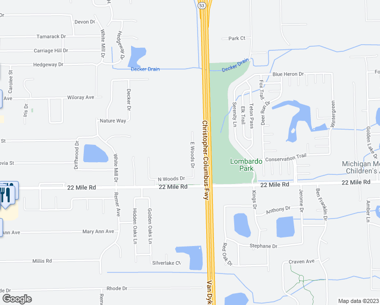 map of restaurants, bars, coffee shops, grocery stores, and more near 49295 East Woods Drive in Macomb County