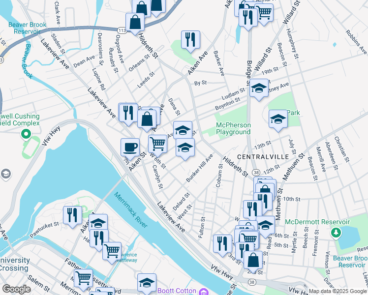 map of restaurants, bars, coffee shops, grocery stores, and more near 149 Ennell Street in Lowell