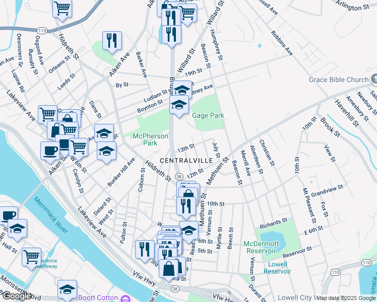 map of restaurants, bars, coffee shops, grocery stores, and more near in Lowell