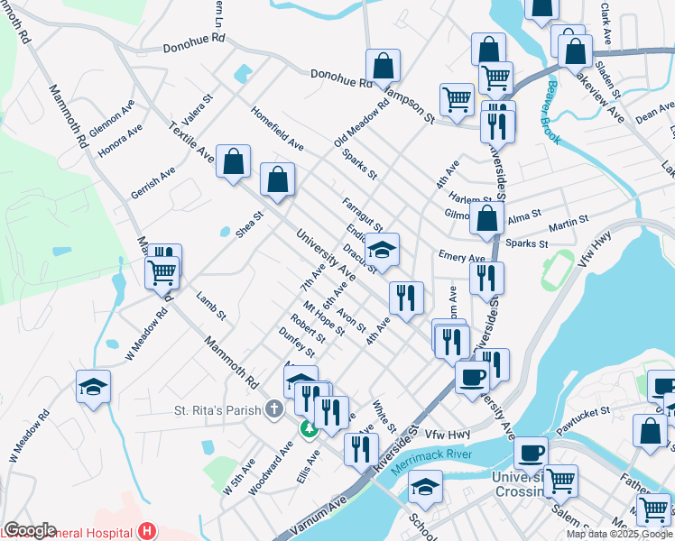 map of restaurants, bars, coffee shops, grocery stores, and more near 276 University Avenue in Lowell