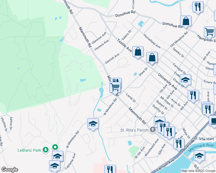 map of restaurants, bars, coffee shops, grocery stores, and more near 2500 Skyline Drive in Lowell