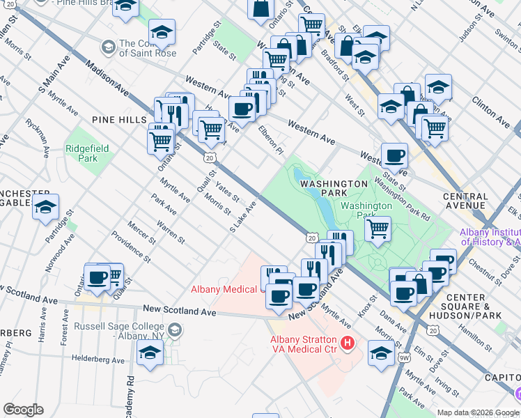 map of restaurants, bars, coffee shops, grocery stores, and more near 277 Morris Street in Albany