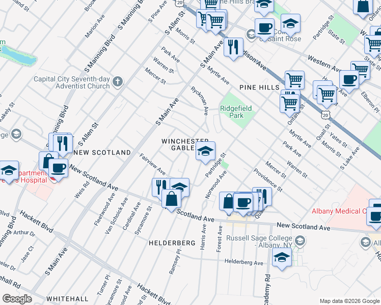 map of restaurants, bars, coffee shops, grocery stores, and more near 48 West Erie Street in Albany