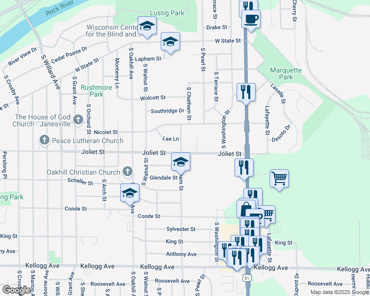 map of restaurants, bars, coffee shops, grocery stores, and more near 1604 South Chatham Street in Janesville