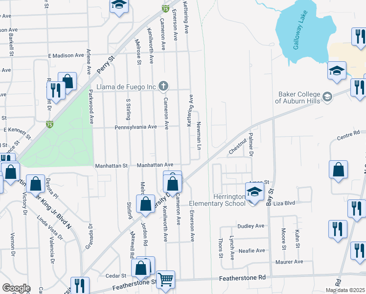 map of restaurants, bars, coffee shops, grocery stores, and more near 694 Emerson Avenue in Pontiac