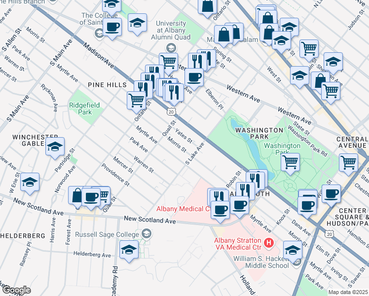 map of restaurants, bars, coffee shops, grocery stores, and more near 357 Morris Street in Albany