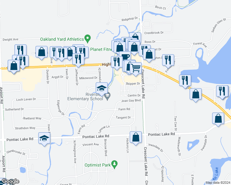 map of restaurants, bars, coffee shops, grocery stores, and more near 1406 Hillcrest Drive in Waterford Township