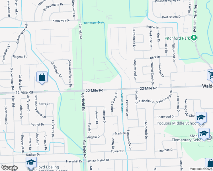 map of restaurants, bars, coffee shops, grocery stores, and more near 16949 22 Mile Rd in Macomb