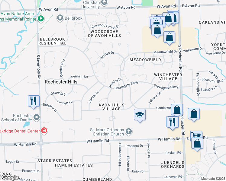 map of restaurants, bars, coffee shops, grocery stores, and more near 1153 Crestline Lane in Rochester Hills