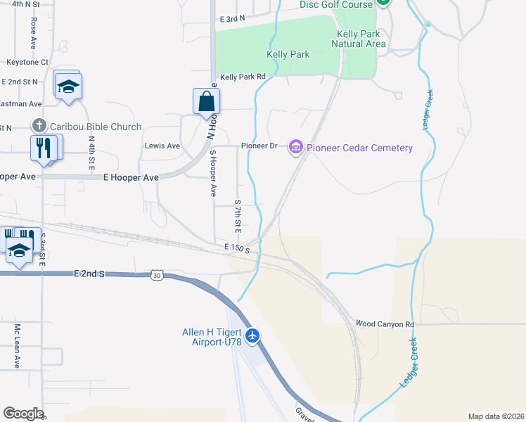 map of restaurants, bars, coffee shops, grocery stores, and more near 740 Hopkins Lane in Soda Springs