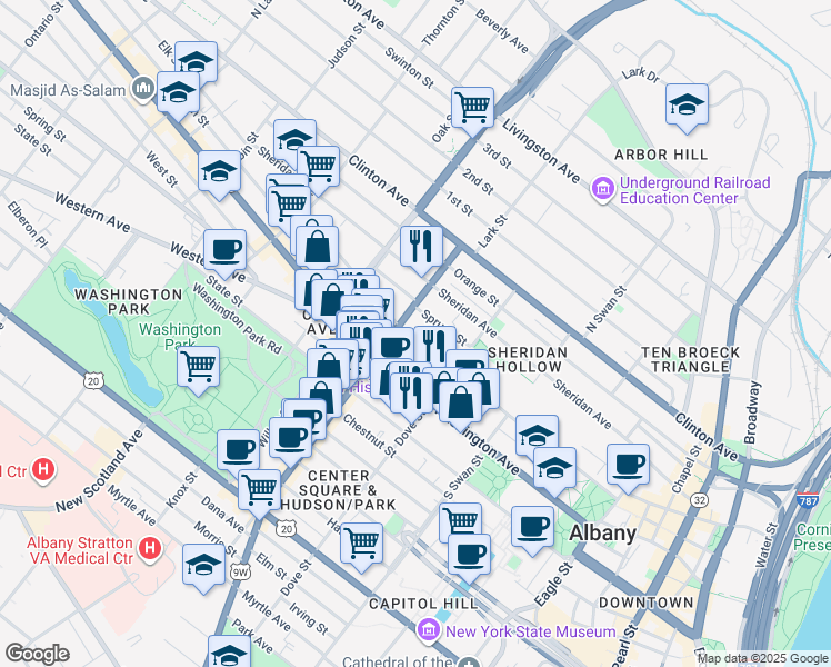 map of restaurants, bars, coffee shops, grocery stores, and more near 179 Elk Street in Albany