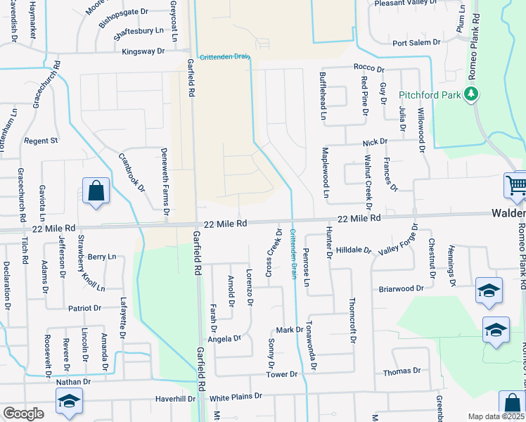 map of restaurants, bars, coffee shops, grocery stores, and more near 17013 22 Mile Road in Macomb