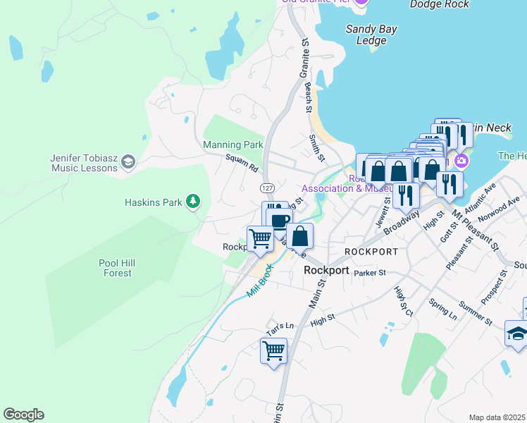 map of restaurants, bars, coffee shops, grocery stores, and more near 21-23 Railroad Avenue in Rockport