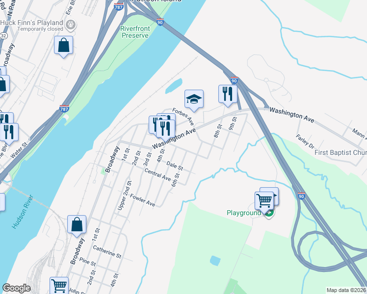 map of restaurants, bars, coffee shops, grocery stores, and more near 1735 6th Street in Rensselaer