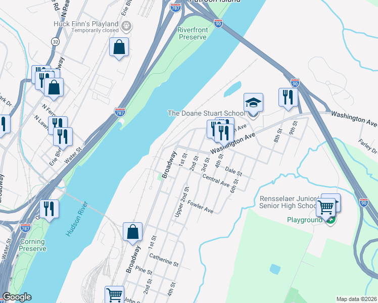 map of restaurants, bars, coffee shops, grocery stores, and more near 1621 2nd Street in Rensselaer