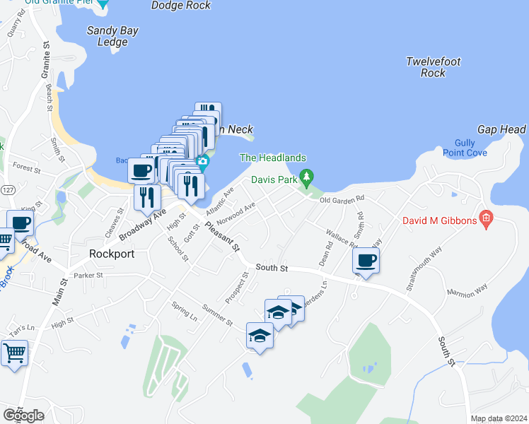 map of restaurants, bars, coffee shops, grocery stores, and more near 2 Burt Avenue in Rockport