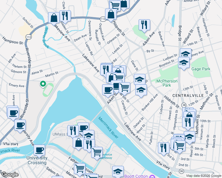 map of restaurants, bars, coffee shops, grocery stores, and more near 748 Lakeview Avenue in Lowell