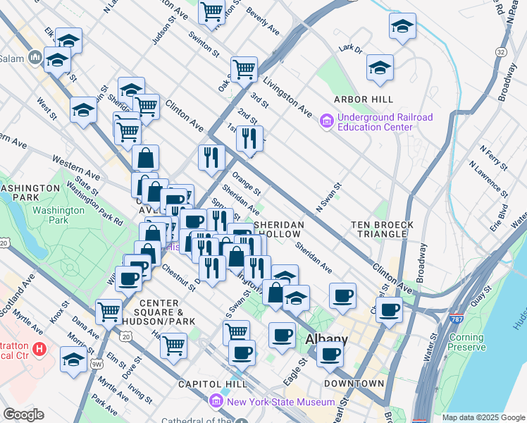 map of restaurants, bars, coffee shops, grocery stores, and more near in Albany