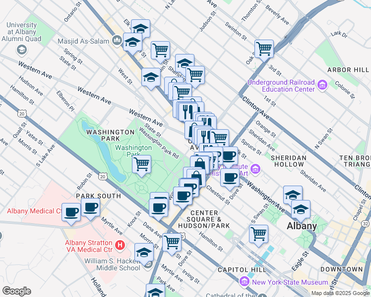 map of restaurants, bars, coffee shops, grocery stores, and more near 407 State Street in Albany