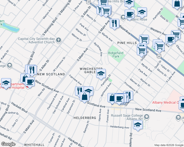map of restaurants, bars, coffee shops, grocery stores, and more near 48 West Erie Street in Albany