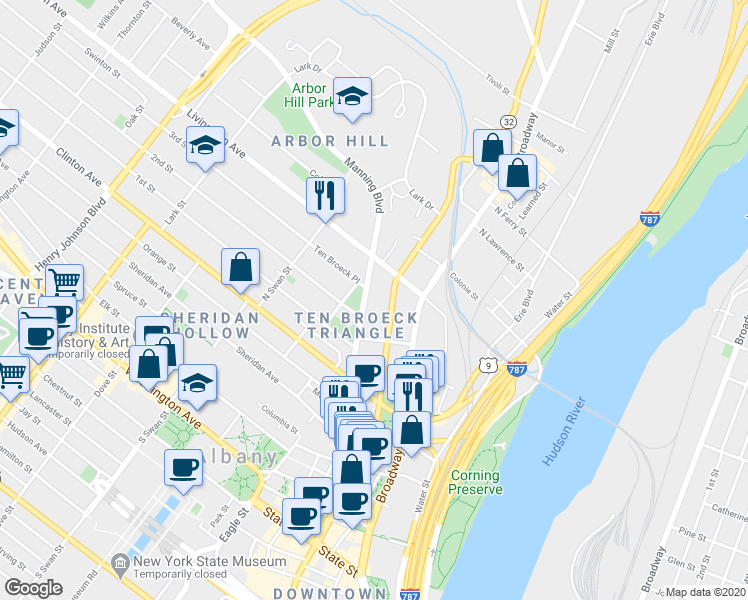 map of restaurants, bars, coffee shops, grocery stores, and more near 69 Ten Broeck Street in Albany