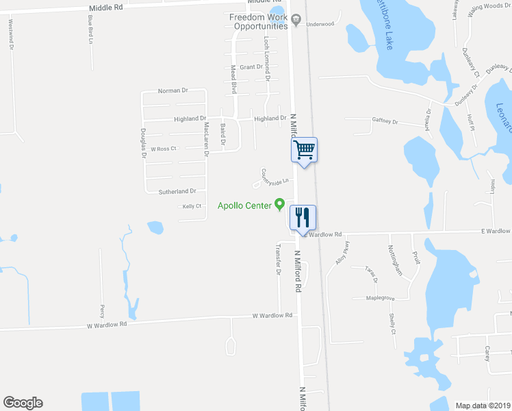 map of restaurants, bars, coffee shops, grocery stores, and more near 240 Countryside Lane in Highland Charter Township