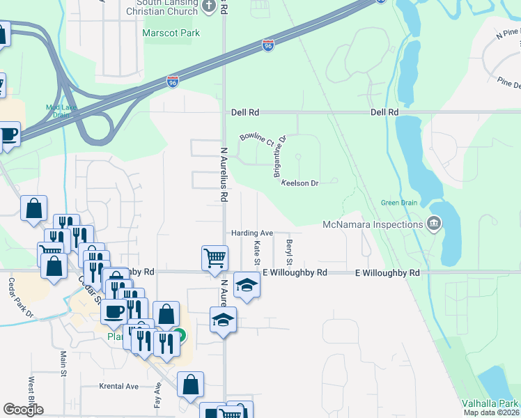 map of restaurants, bars, coffee shops, grocery stores, and more near 2578 Schippell Street in Delhi charter Township
