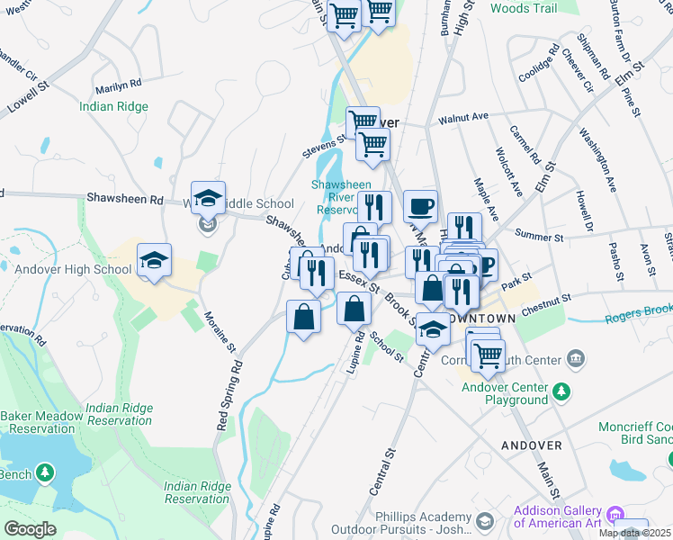 map of restaurants, bars, coffee shops, grocery stores, and more near 82 Essex Street in Andover