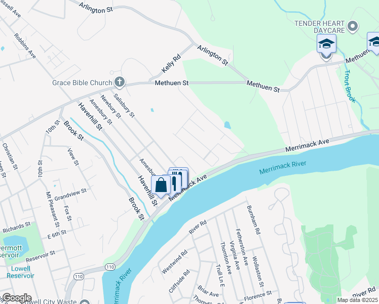 map of restaurants, bars, coffee shops, grocery stores, and more near 33 Merrimack Terrace in Dracut