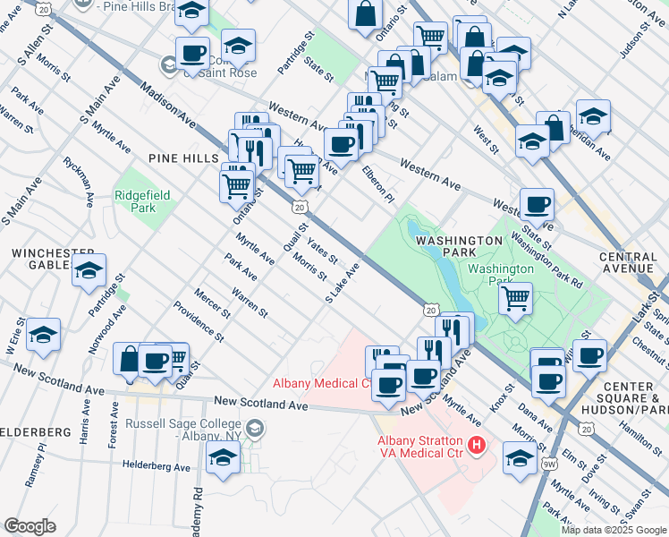map of restaurants, bars, coffee shops, grocery stores, and more near 252 Yates Street in Albany