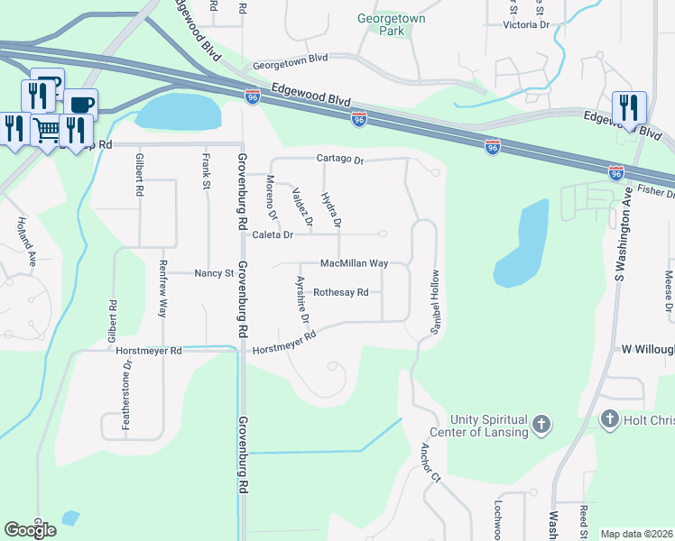map of restaurants, bars, coffee shops, grocery stores, and more near 5845 Macmillan Way in Lansing