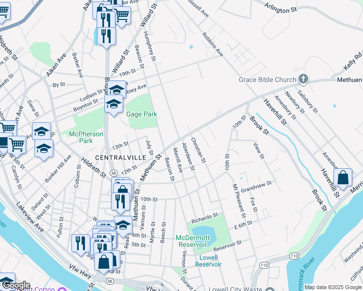 map of restaurants, bars, coffee shops, grocery stores, and more near 84 Aberdeen Street in Lowell