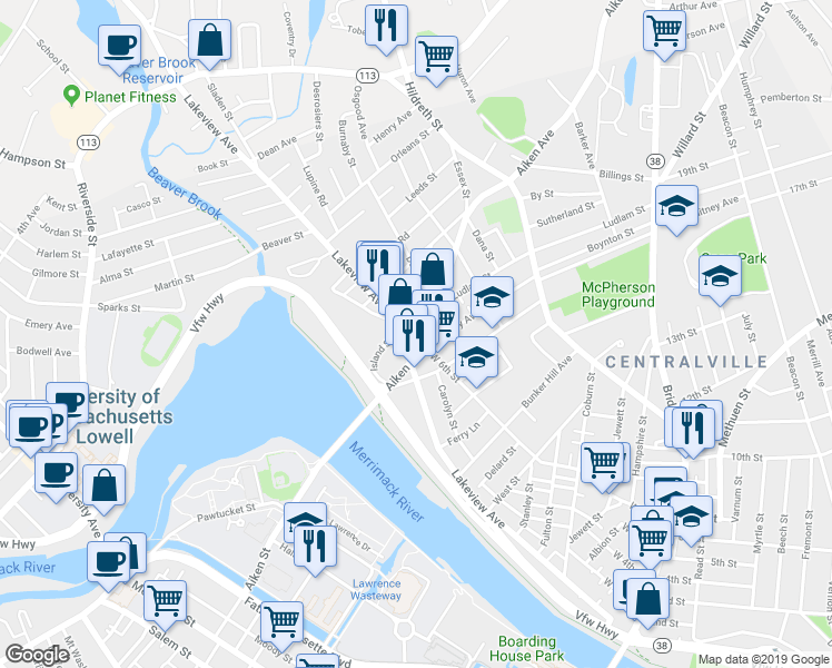 map of restaurants, bars, coffee shops, grocery stores, and more near 748 Lakeview Avenue in Lowell