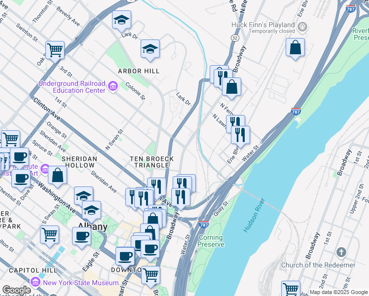 map of restaurants, bars, coffee shops, grocery stores, and more near 747 Broadway in Albany