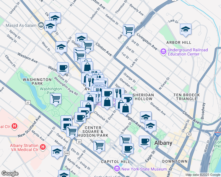 map of restaurants, bars, coffee shops, grocery stores, and more near 171 Washington Avenue in Albany