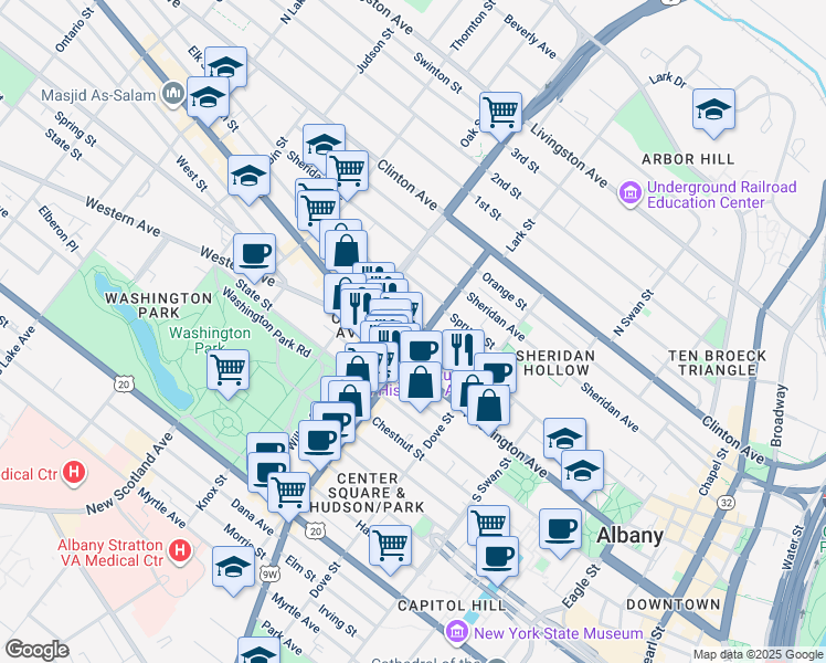 map of restaurants, bars, coffee shops, grocery stores, and more near 171 Washington Avenue in Albany