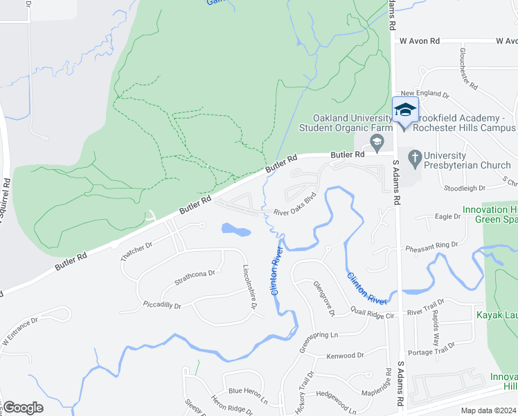 map of restaurants, bars, coffee shops, grocery stores, and more near 3510 River Oaks Boulevard in Rochester Hills